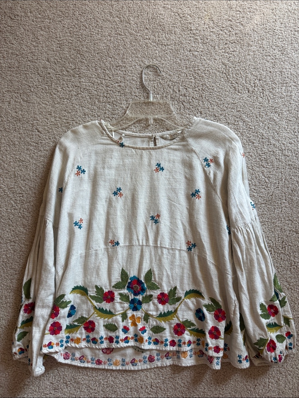 Zara Cream/ khaki Embroidered Floral Peasant Blouse